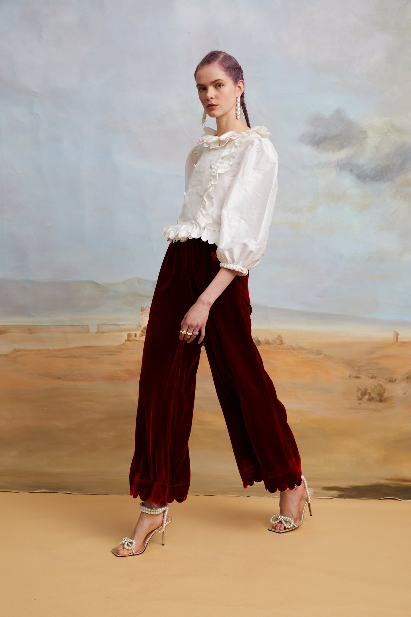 FERDI burgundy velvet scallop edge pants