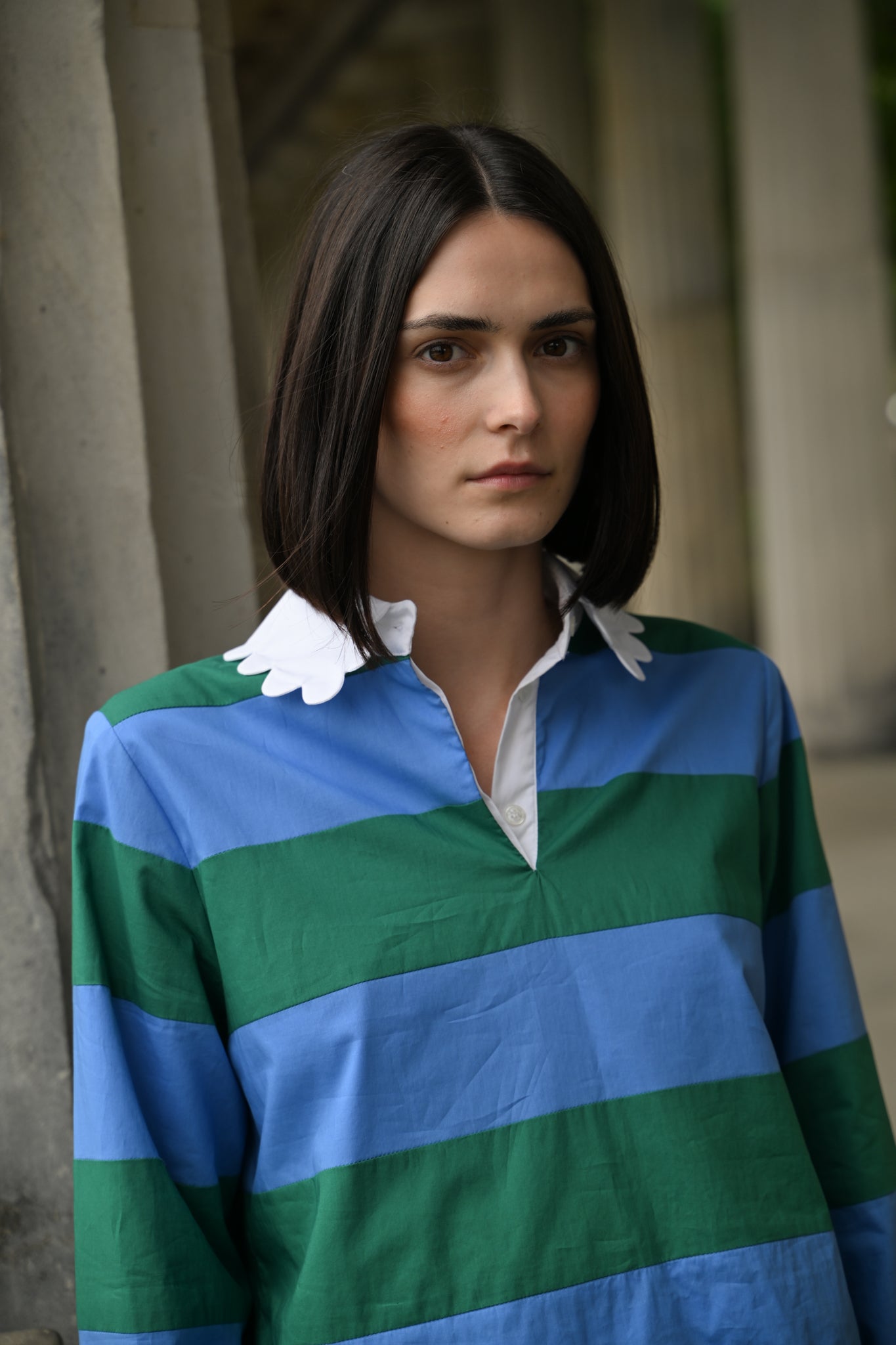 IZZY faux rugby patchwork-stripe lined shirt